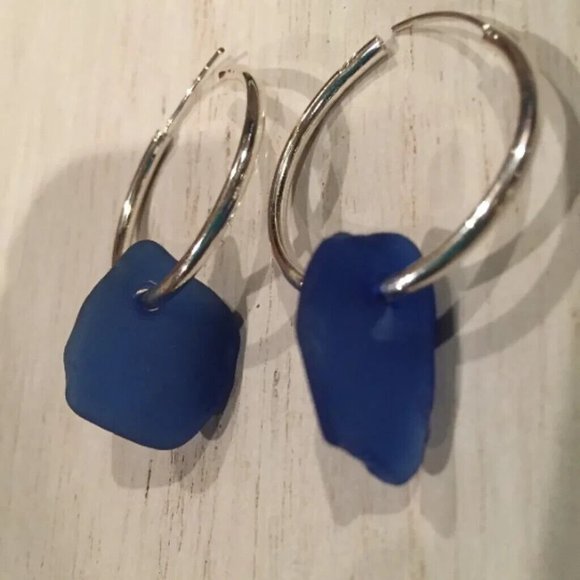 Cobalt Blue Sea Glass Hoop Earrings - Picture 2 of 5